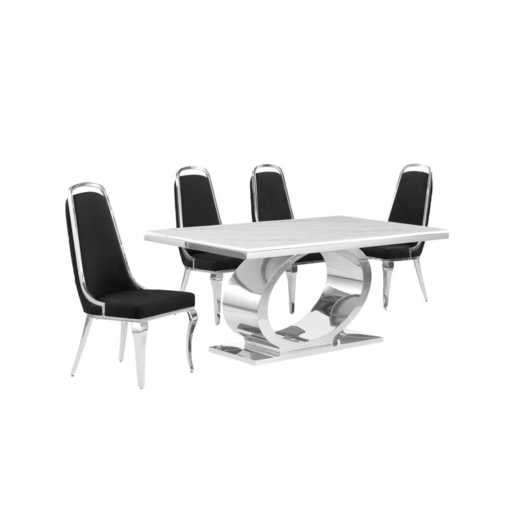 Khiri White Marble Top Pedestal Dining Set with Black Chairs