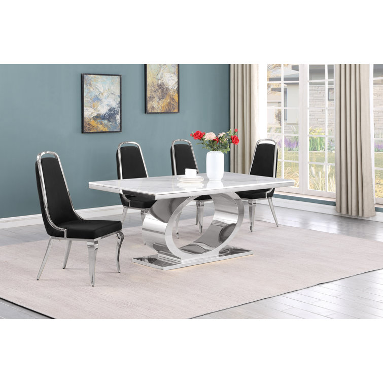 Khiri White Marble Top Pedestal Dining Set with Black Chairs