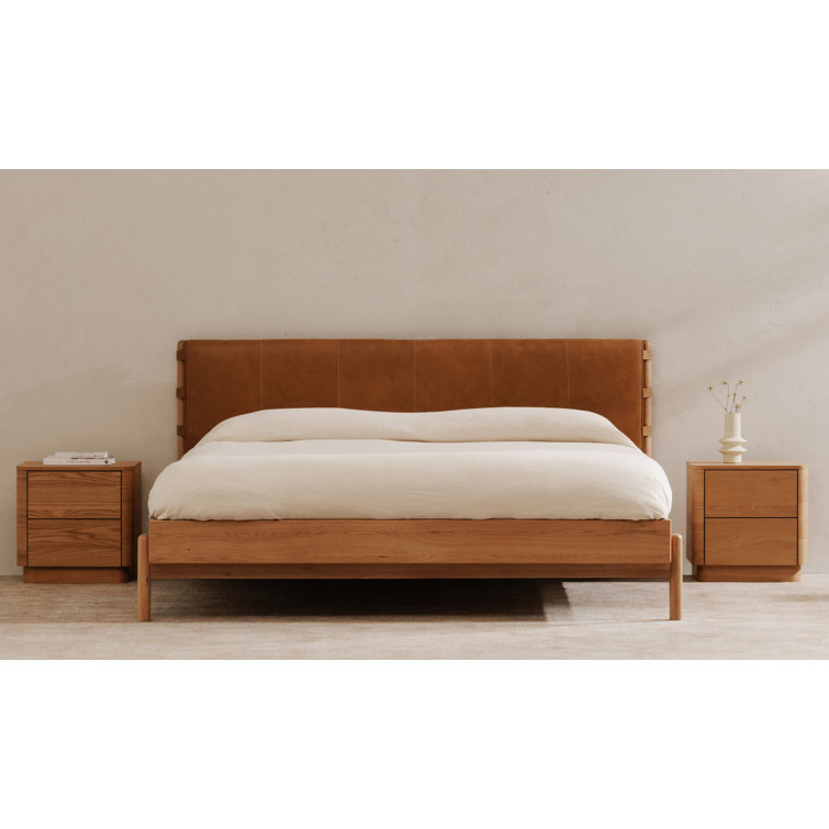 Queen Oak and Leather Upholstered Bed with Slats