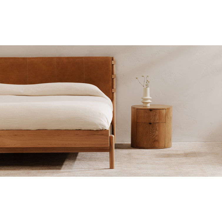 Queen Oak and Leather Upholstered Bed with Slats