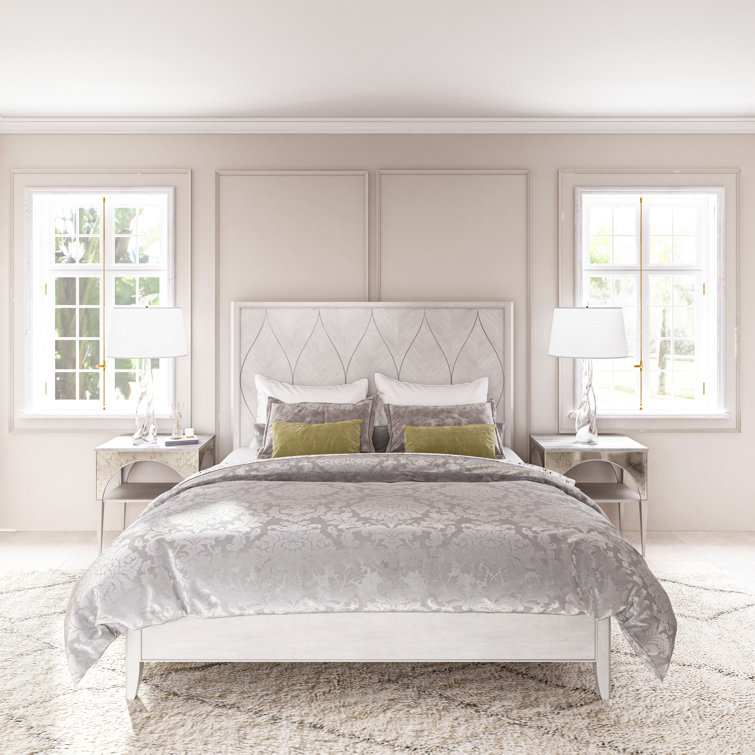 Dove Gray Transitional Night Table with Stone Top and Mirror Accents