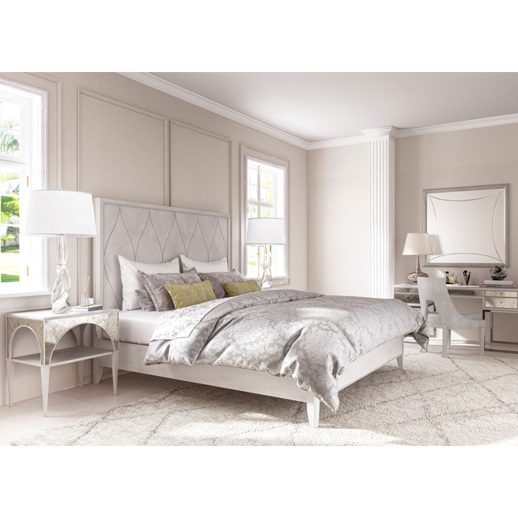 Dove Gray Transitional Night Table with Stone Top and Mirror Accents