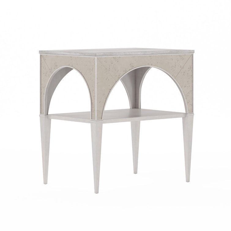 Dove Gray Transitional Night Table with Stone Top and Mirror Accents