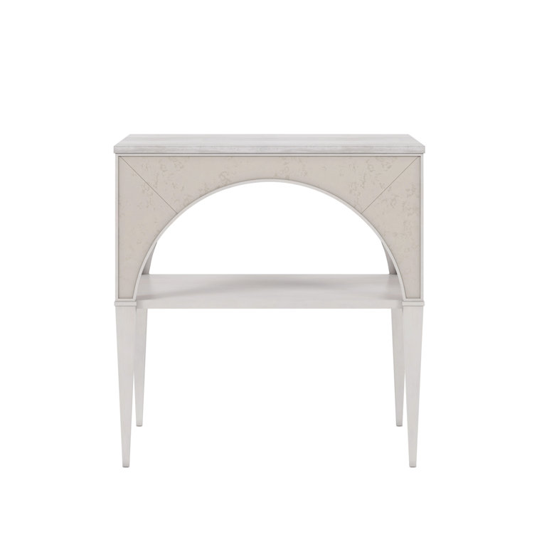 Dove Gray Transitional Night Table with Stone Top and Mirror Accents
