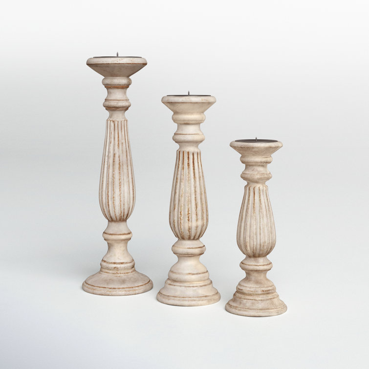 Handmade Distressed White Wood 3-Piece Candlestick Set