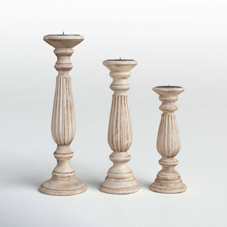 Handmade Distressed White Wood 3-Piece Candlestick Set