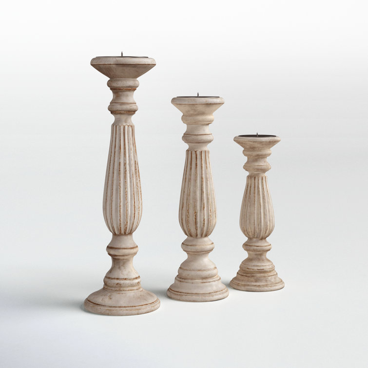 Handmade Distressed White Wood 3-Piece Candlestick Set