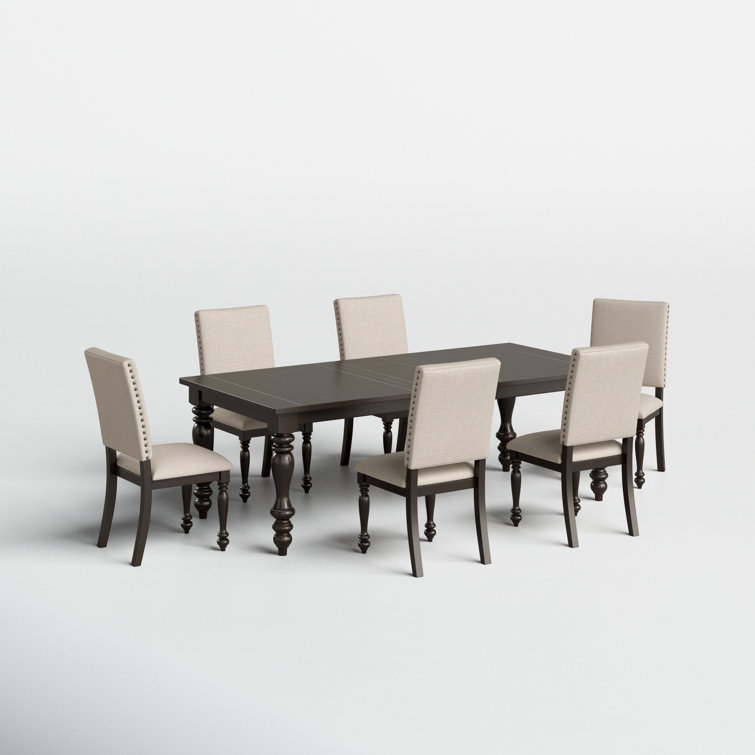 Grayish Brown Extendable Dining Set with Beige Upholstered Chairs