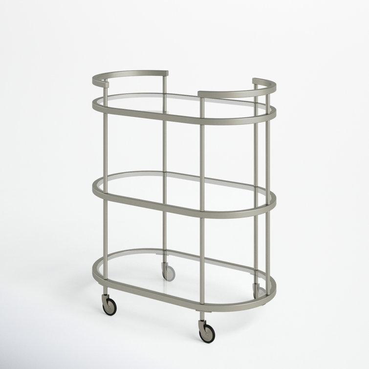 Evelyn&Zoe Satin Nickel Oval Bar Cart with Tempered Glass Shelves