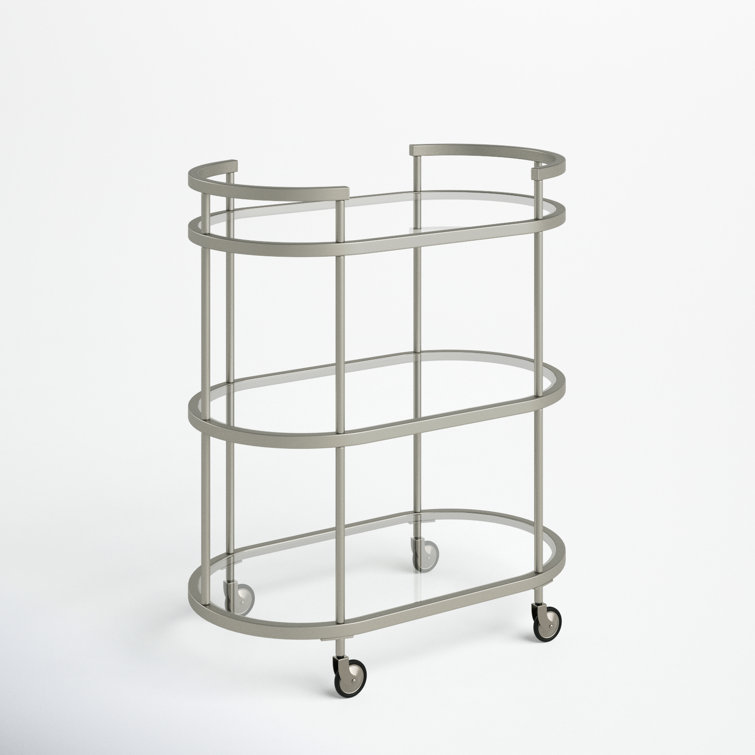 Evelyn&Zoe Satin Nickel Oval Bar Cart with Tempered Glass Shelves