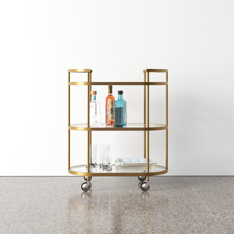 Evelyn Oval Brass Bar Cart with Tempered Glass Shelves