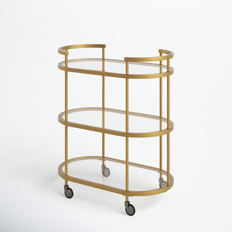 Evelyn Oval Brass Bar Cart with Tempered Glass Shelves