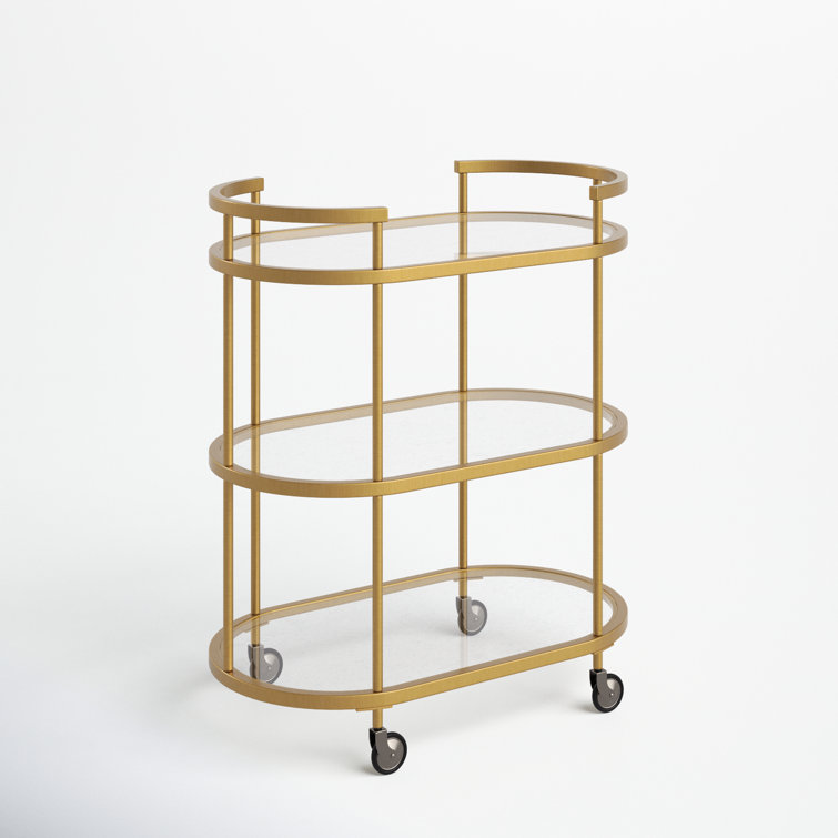 Evelyn Oval Brass Bar Cart with Tempered Glass Shelves