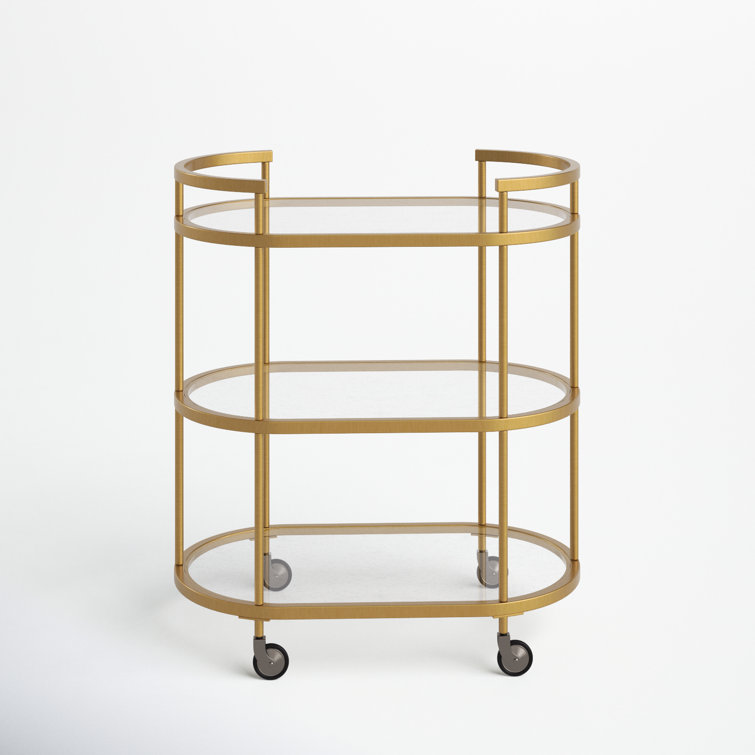 Evelyn Oval Brass Bar Cart with Tempered Glass Shelves