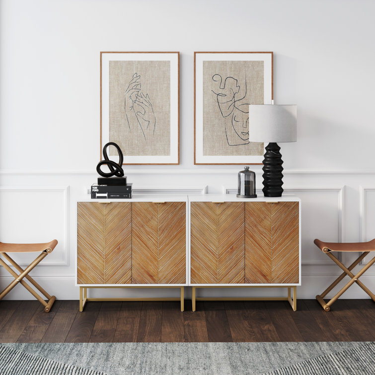 White and Brown Herringbone Freestanding Accent Cabinet with Adjustable Shelving