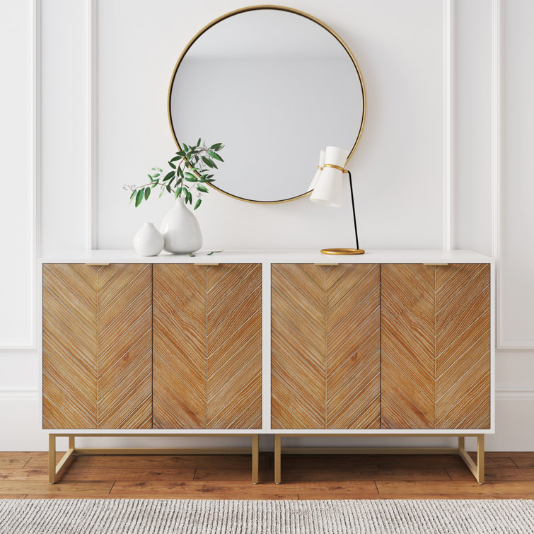 White and Brown Herringbone Freestanding Accent Cabinet with Adjustable Shelving