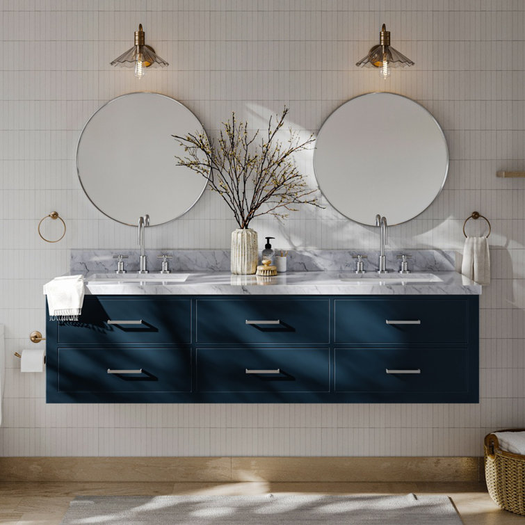 Midnight Blue Wall-Mount Double Vanity with Carrara Marble Top