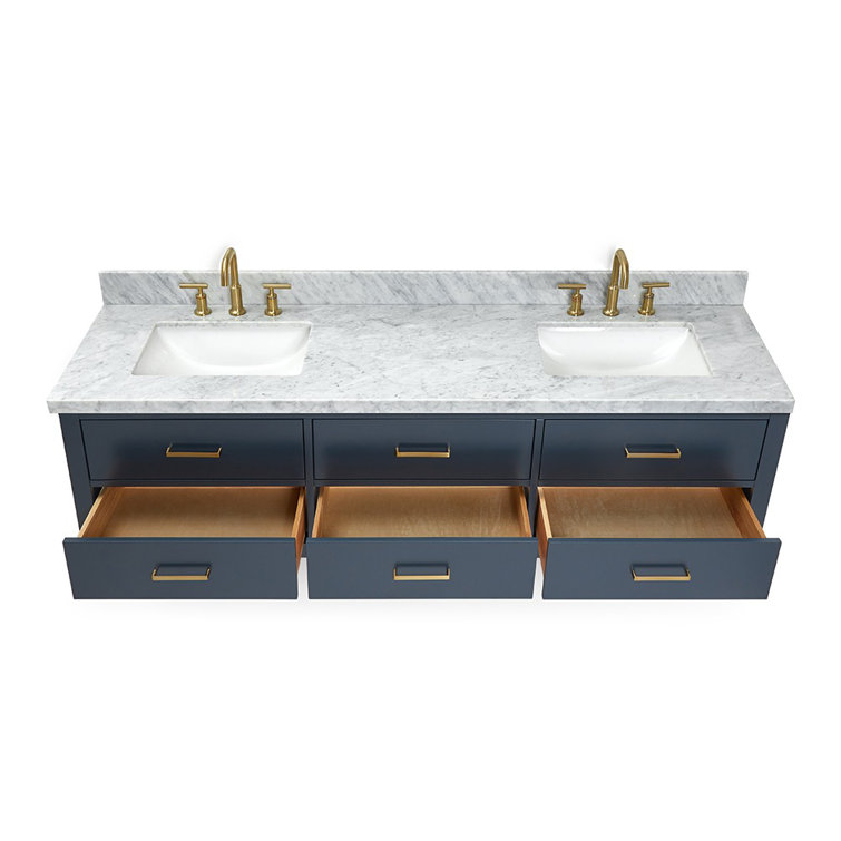 Midnight Blue Wall-Mount Double Vanity with Carrara Marble Top