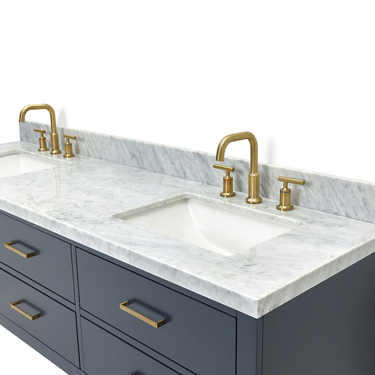 Midnight Blue Wall-Mount Double Vanity with Carrara Marble Top