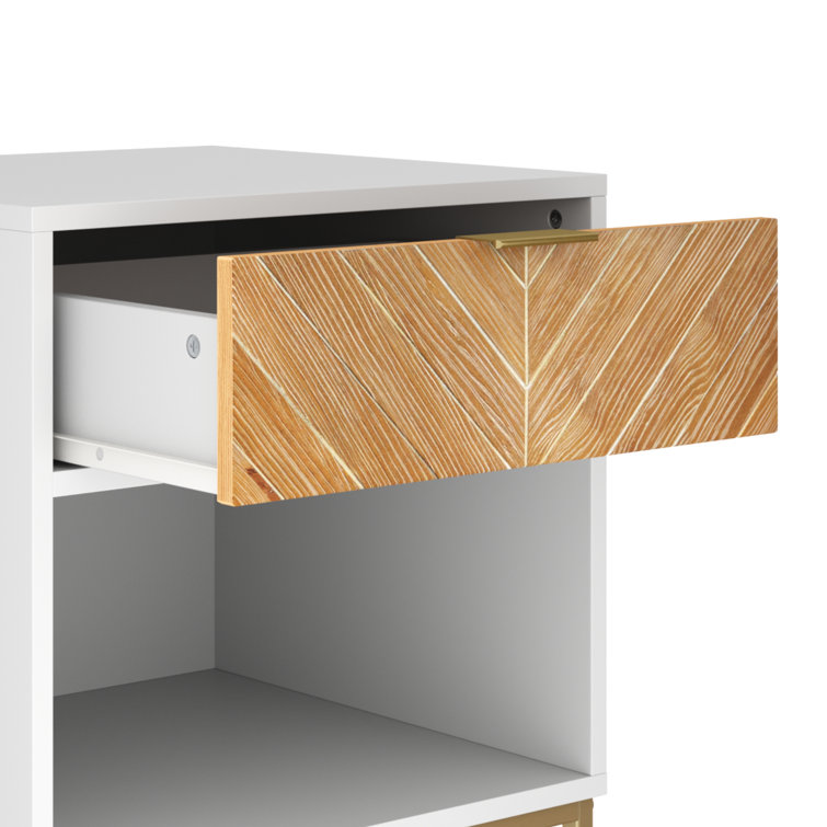 Kensi 18.9" White and Gold Nightstand with Herringbone Wood Drawer
