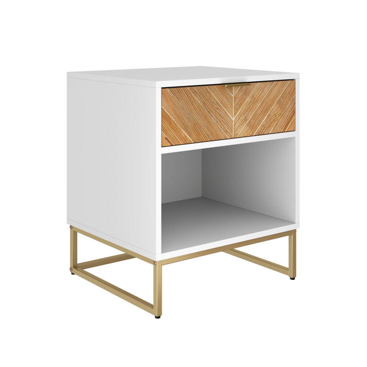 Kensi 18.9" White and Gold Nightstand with Herringbone Wood Drawer