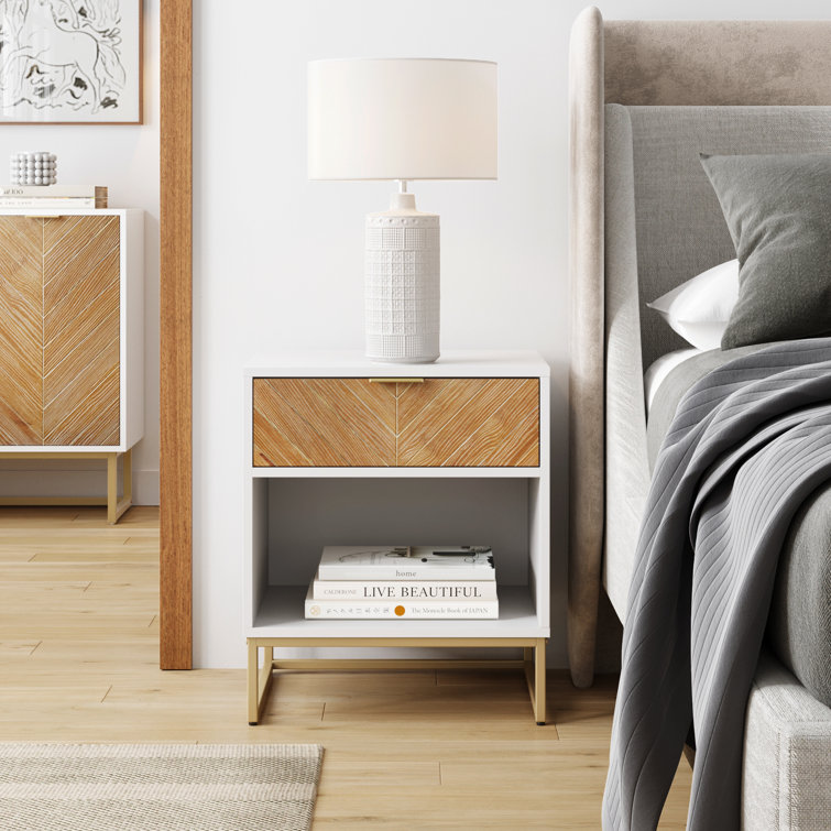 Kensi 18.9" White and Gold Nightstand with Herringbone Wood Drawer