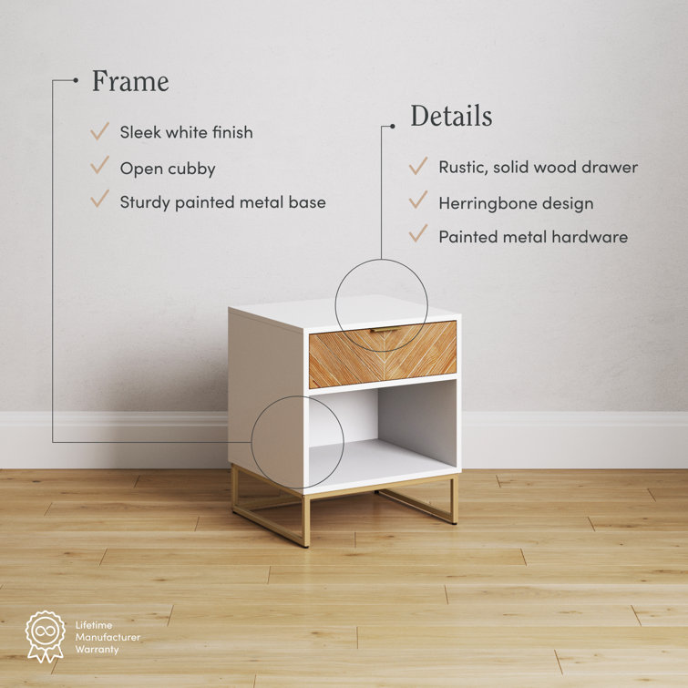 Kensi 18.9" White and Gold Nightstand with Herringbone Wood Drawer