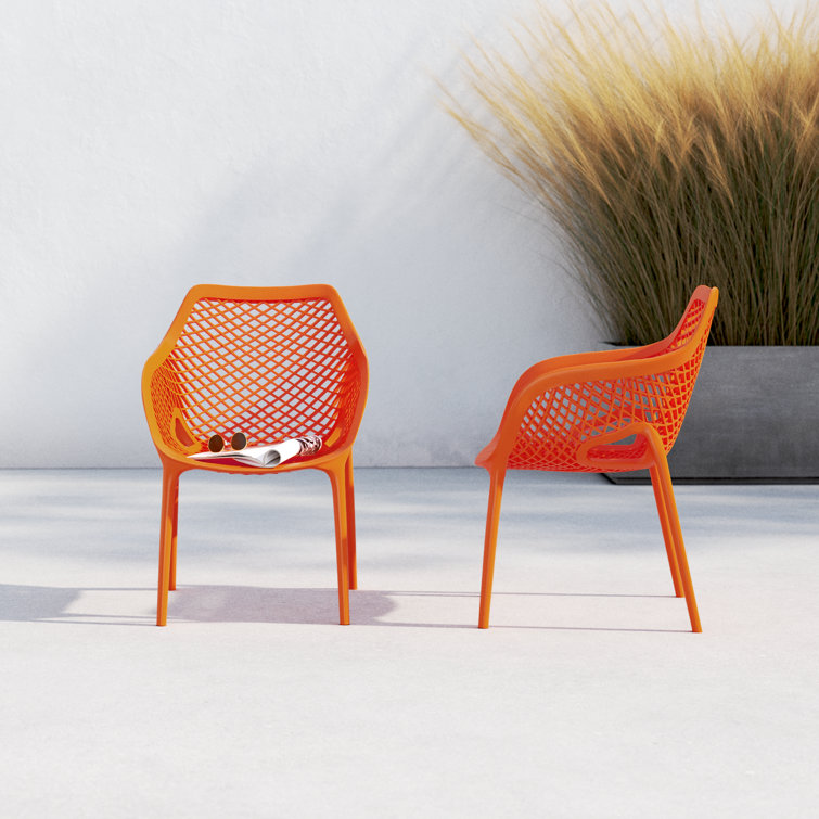 Orange Plastic Resin Stackable Outdoor Dining Chairs, Set of 2