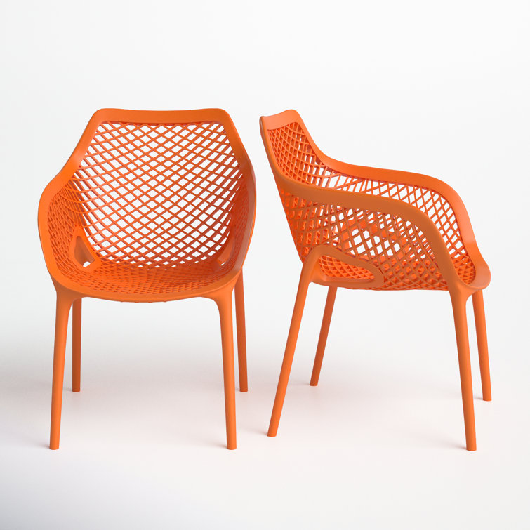 Orange Plastic Resin Stackable Outdoor Dining Chairs, Set of 2