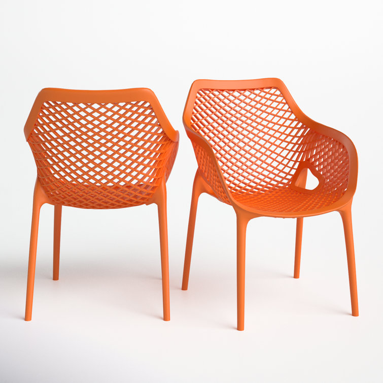 Orange Plastic Resin Stackable Outdoor Dining Chairs, Set of 2