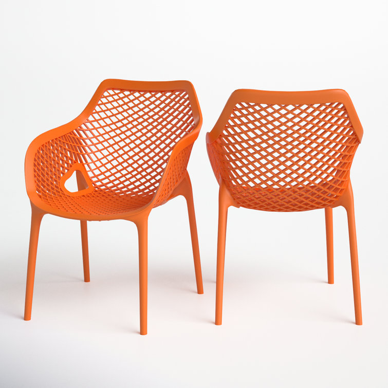 Orange Plastic Resin Stackable Outdoor Dining Chairs, Set of 2