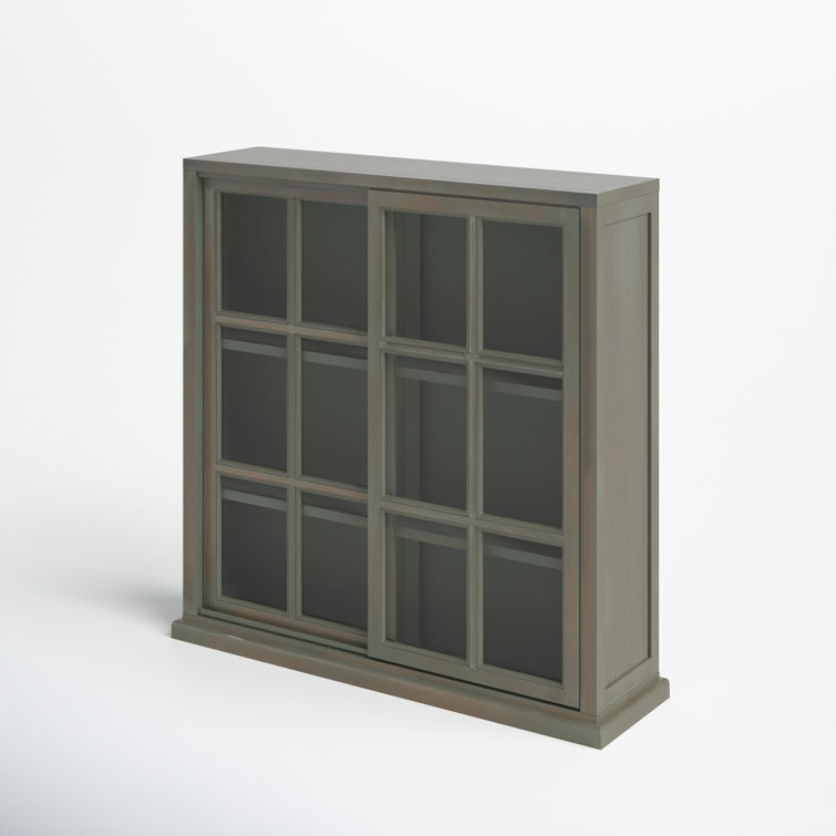 Transitional Gray Elm Wood 3-Tier Bookcase with Glass Doors