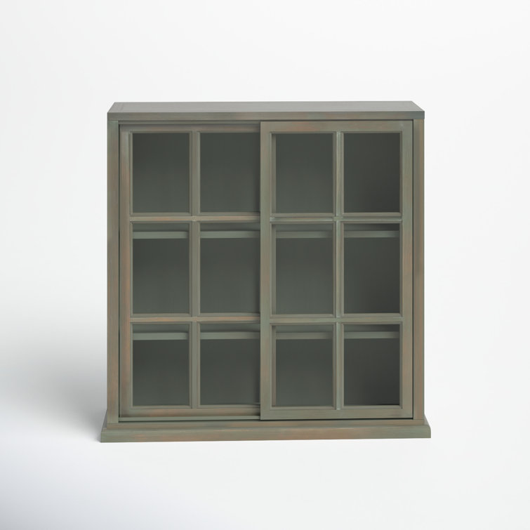 Transitional Gray Elm Wood 3-Tier Bookcase with Glass Doors