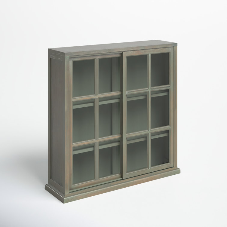 Transitional Gray Elm Wood 3-Tier Bookcase with Glass Doors