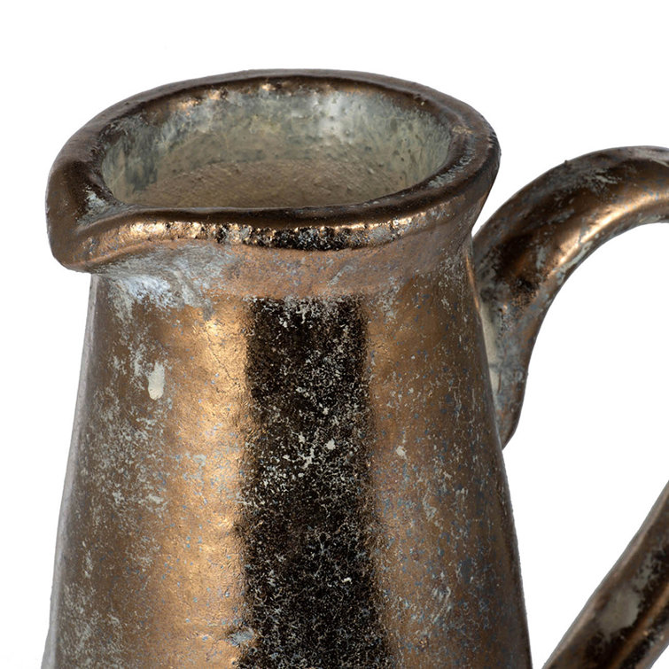 Sienna Brown Terracotta Pitcher with Metallic Accents, 14.4" High
