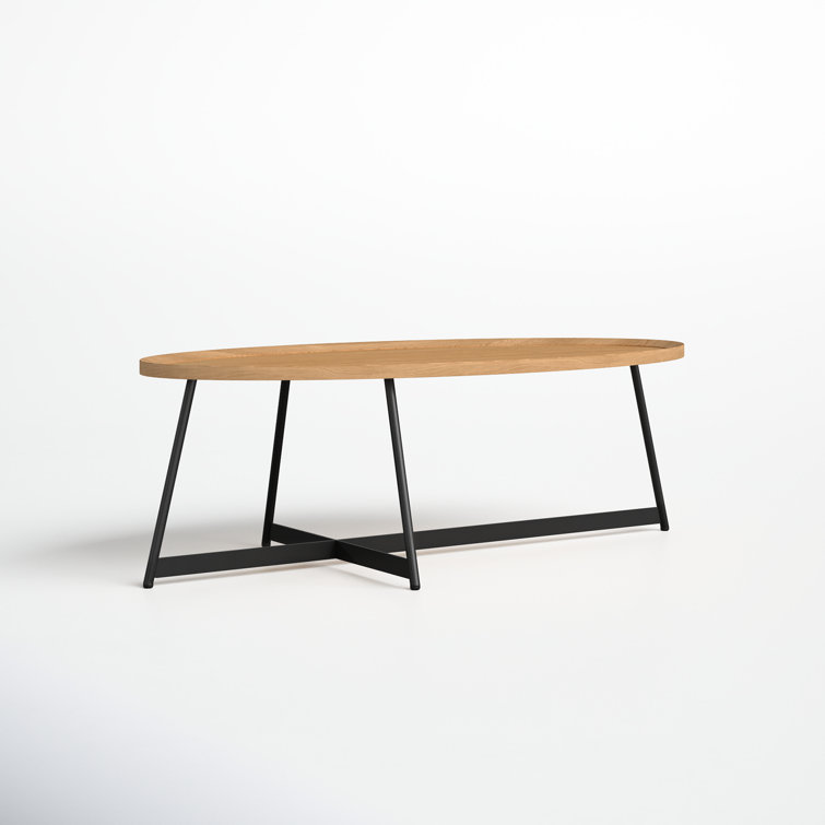 Gweneth Natural Wood Oval Coffee Table with Black Steel Base
