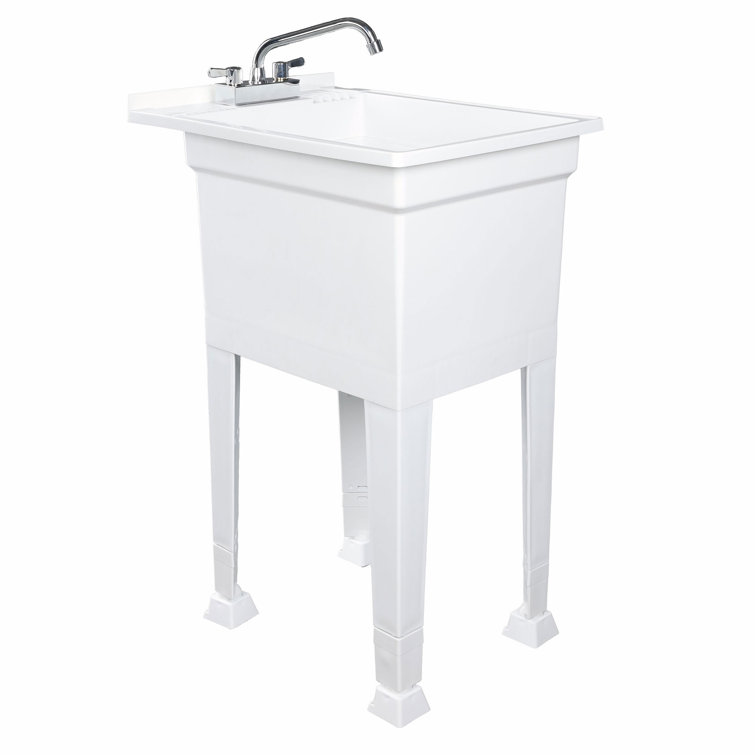 18-Inch White Plastic Freestanding Utility Sink with Stainless Steel Faucet