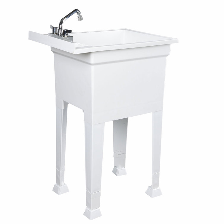 18-Inch White Plastic Freestanding Utility Sink with Stainless Steel Faucet