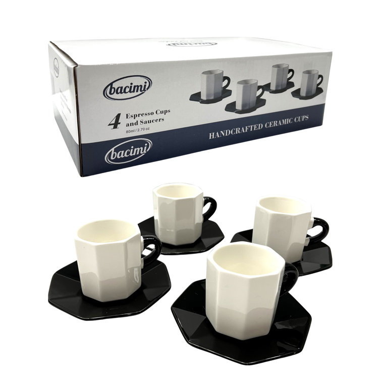 Bacimi White and Black Ceramic Espresso Cups with Saucers, 2.7oz