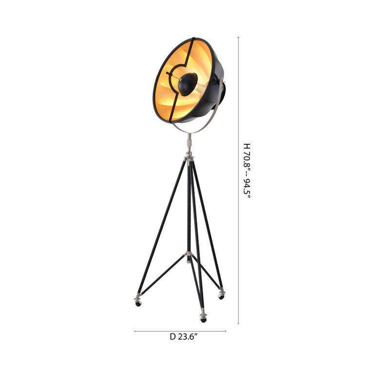 Adjustable Black Metal Tripod Floor Lamp with Gold Interior