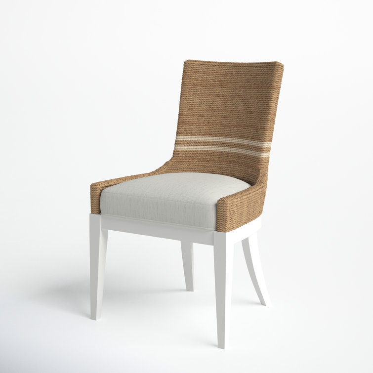 White Upholstered Side Chair with Rattan Back and Wood Legs