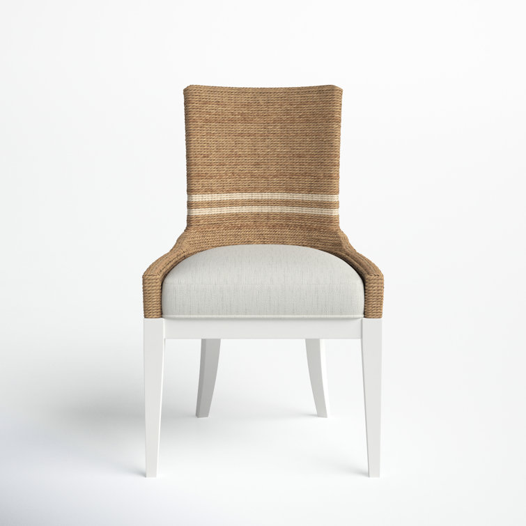 White Upholstered Side Chair with Rattan Back and Wood Legs