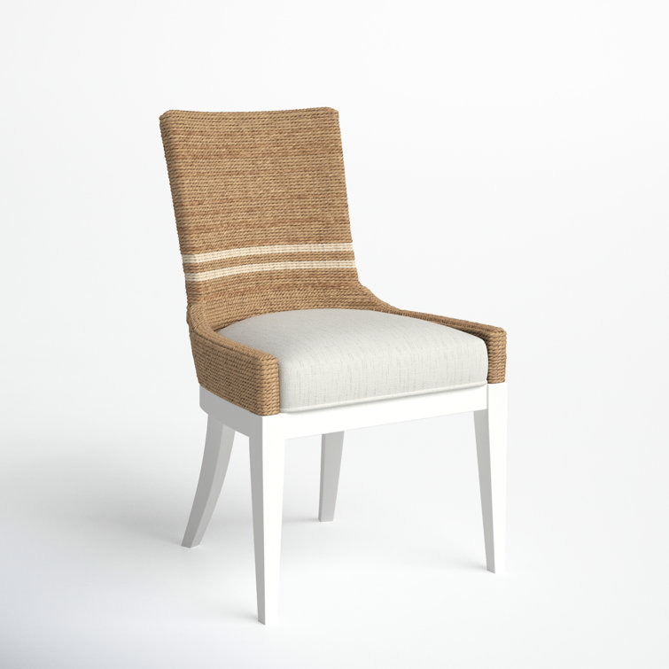 White Upholstered Side Chair with Rattan Back and Wood Legs