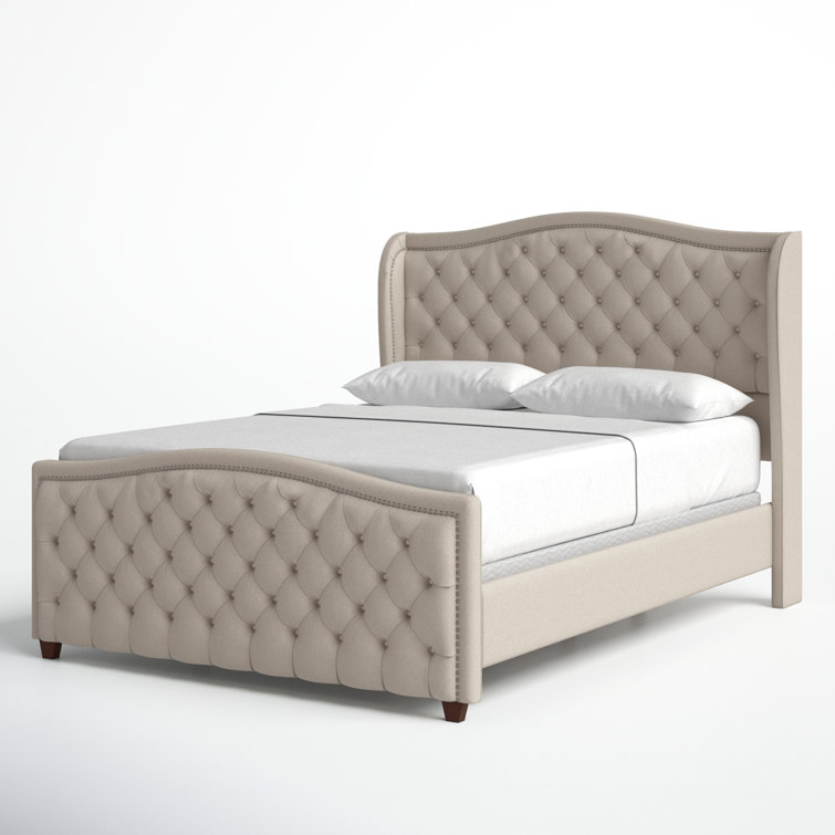 Sky Neutral Queen Upholstered Wingback Bed with Nailhead Trim