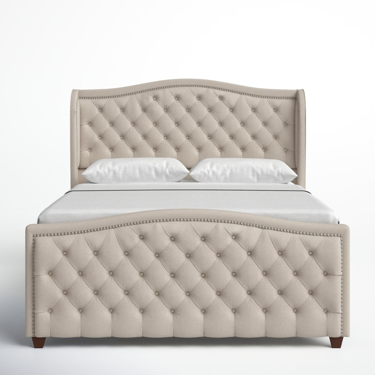 Sky Neutral Queen Upholstered Wingback Bed with Nailhead Trim
