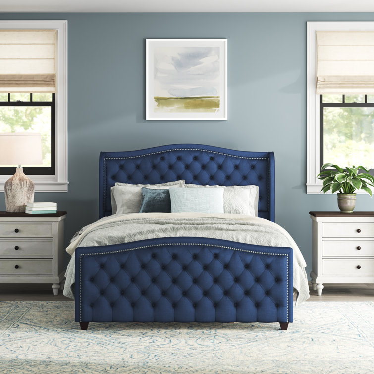 Sapphire Elegance Queen Bed with Tufted Headboard and Nailhead Trim
