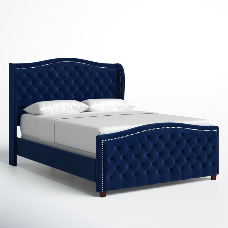 Navy Blue Velvet Tufted Queen Bed with Nailhead Trim