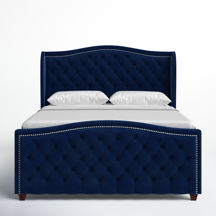 Navy Blue Velvet Tufted Queen Bed with Nailhead Trim