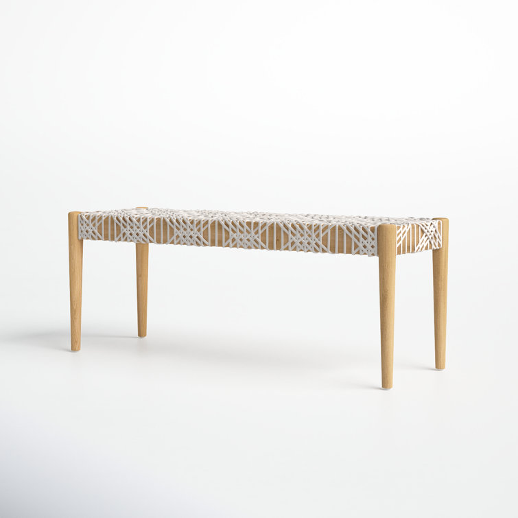 Transitional Natural Teak & Brown Leather Weave Bench, 47"