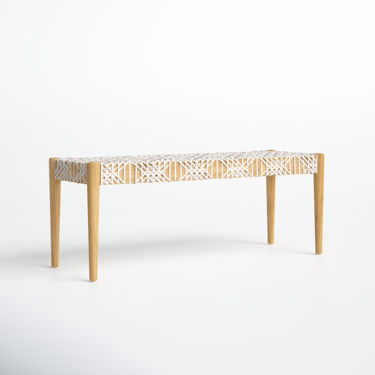 Transitional Natural Teak & Brown Leather Weave Bench, 47"